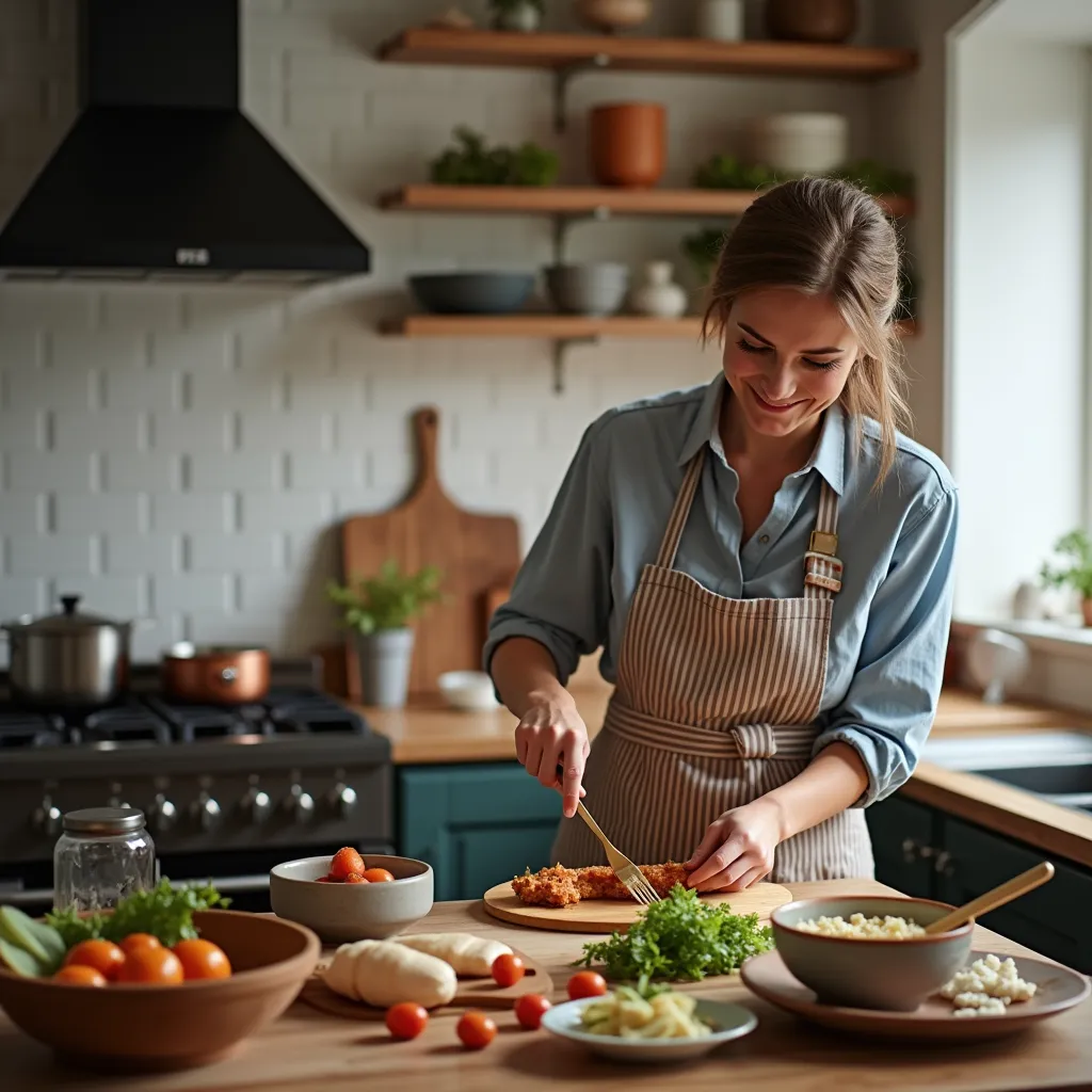 A person happily cooking in their kitchen